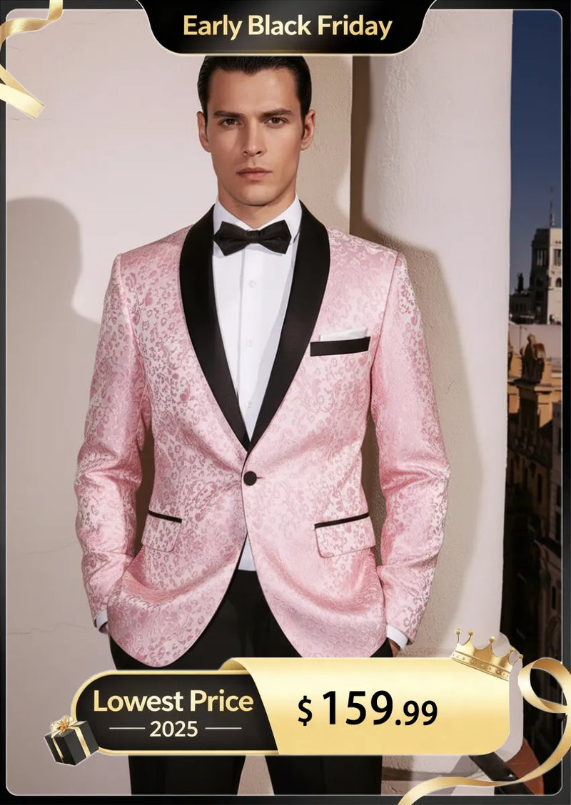 Men's 2-Piece Pink Jacquard Embroidery Paisley Tuxedo