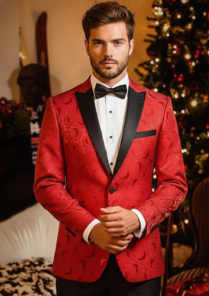 Traje de boda de dos piezas en jacquard rosa rojo para hombre.