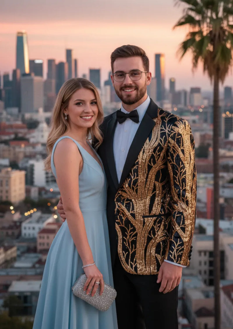 Traje de dos piezas para hombre con ramas de lentejuelas doradas y esmoquin negro