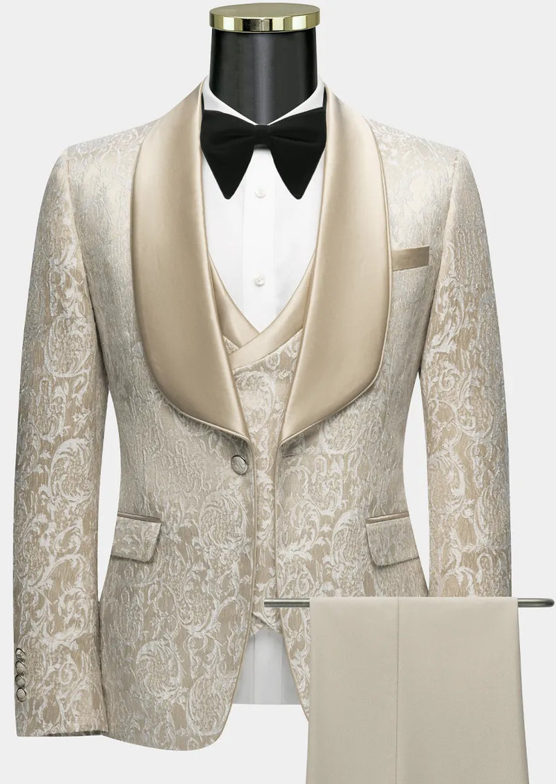 Men's 3-Piece Damask Jacquard Wedding Tan Suit