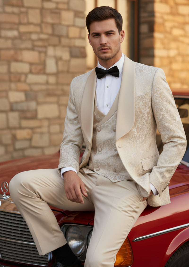 Traje de boda de 3 piezas para hombre en jacquard damasco color champán