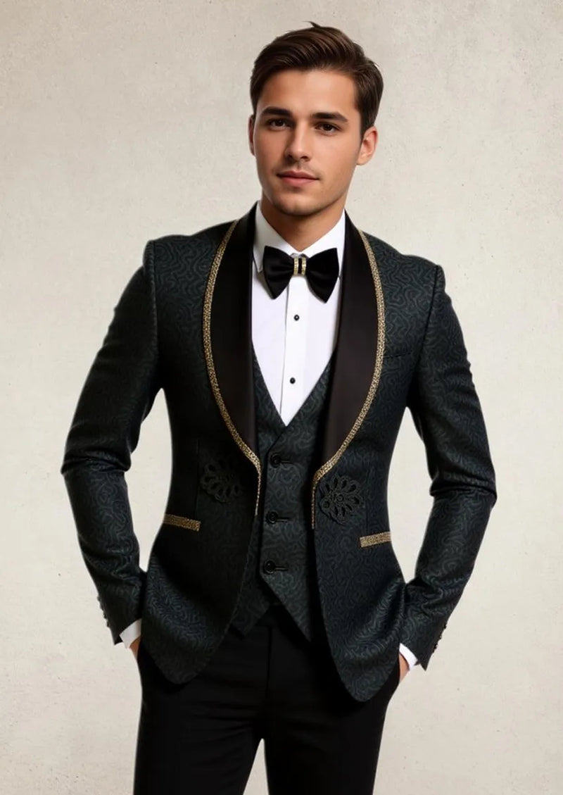 Man wearing a formal black suit with gold trim on a plain background