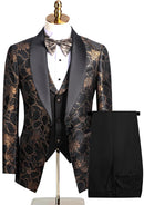 Men's 3-Piece Gold Jacquard Black Wedding Suit