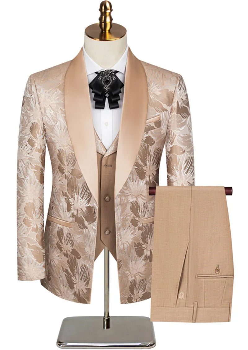 Men s 3 Piece Gold Jacquard Champagne Wedding Suit Men s 3 Piece Gold Jacquard Champagne Wedding Suit