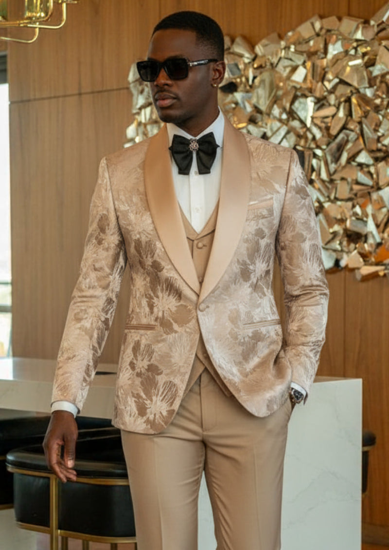 Costume de mariage 3 pièces pour homme en jacquard doré champagne