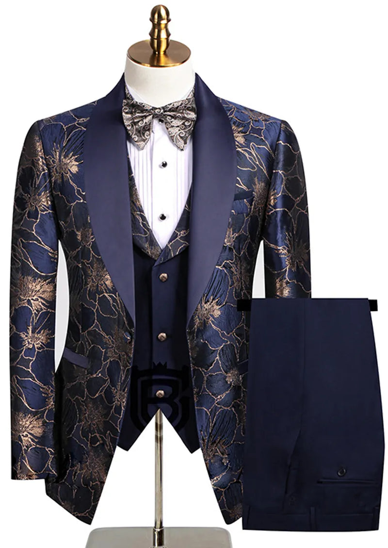 Traje de boda azul marino de 3 piezas con jacquard dorado para hombre