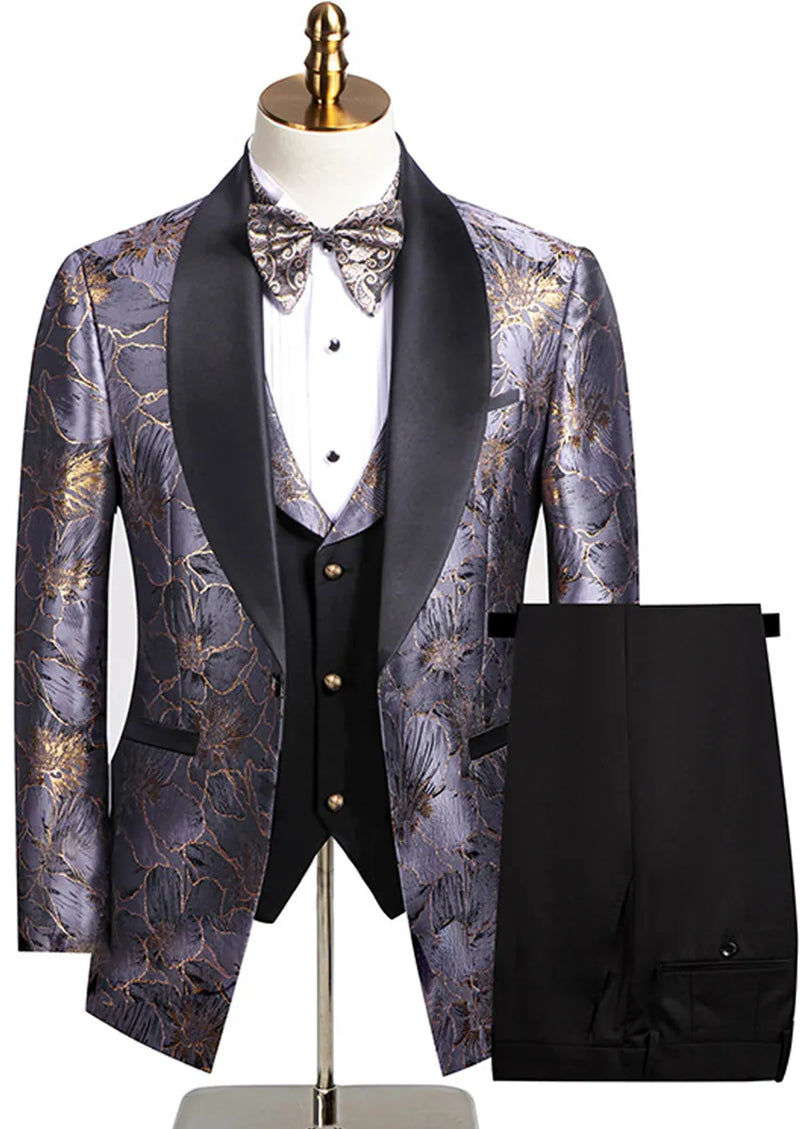 Men's 3-Piece Gold Jacquard Silver Wedding Tuxedo