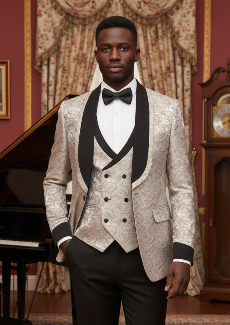 Men's 3-Piece Shawl Collar Leaf Jacquard Beige Tuxedo Set