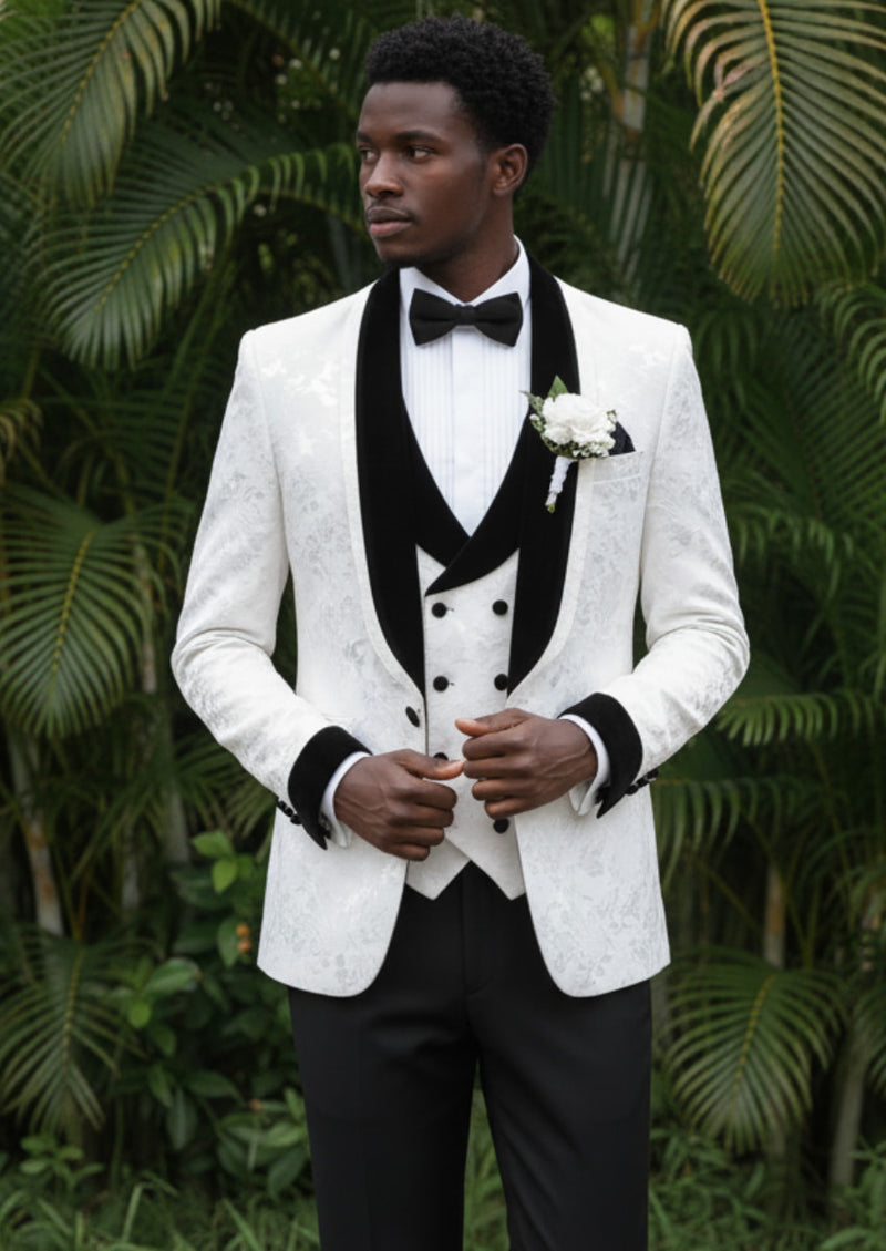 Men's 3-Piece Shawl Collar Leaf Jacquard White Tuxedo Set