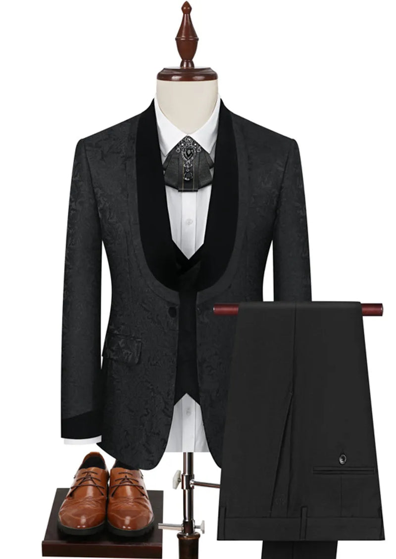 Black suit with vest and pants on a mannequin against a white background