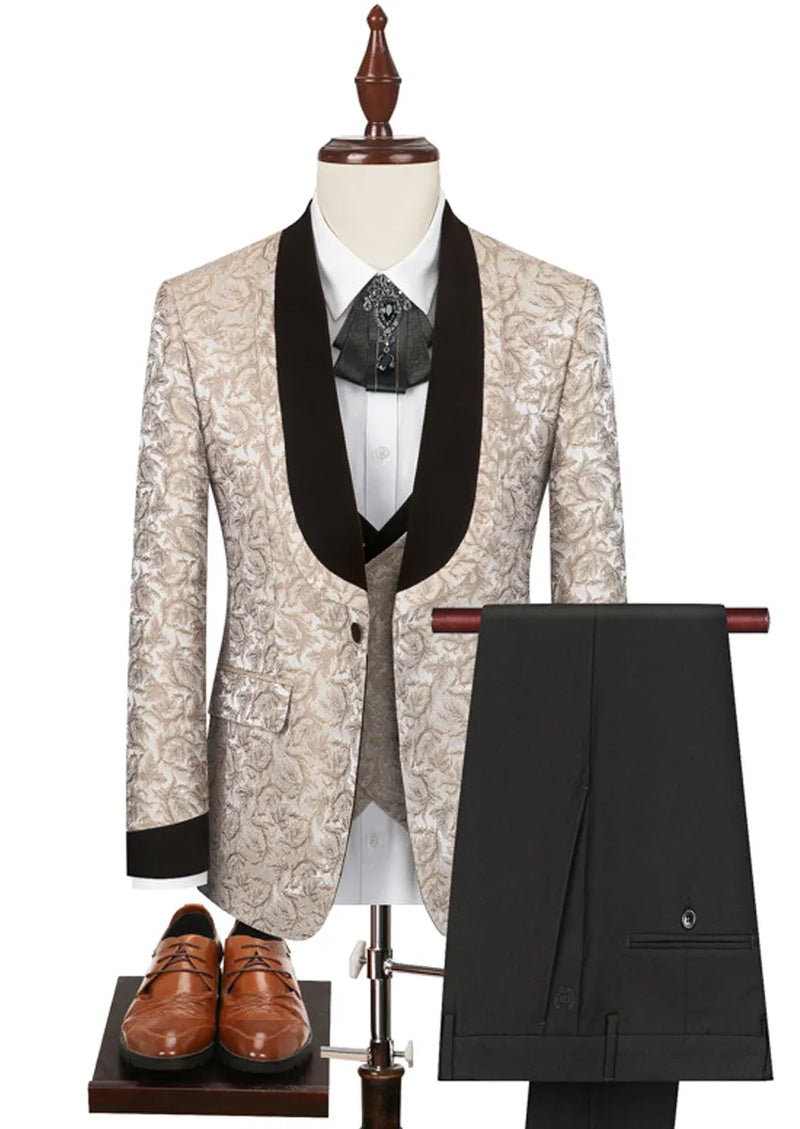 Men's formal suit with floral patterned jacket, black vest, and pants on a mannequin.