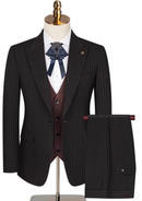 Black pinstripe suit on a mannequin with a white background
