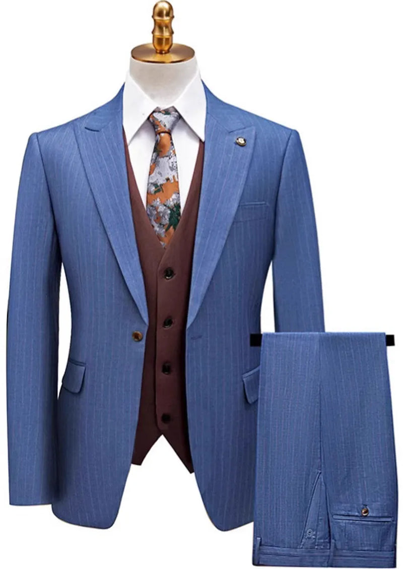 Traje azul marino claro a rayas de 3 piezas para hombre con chaleco color café