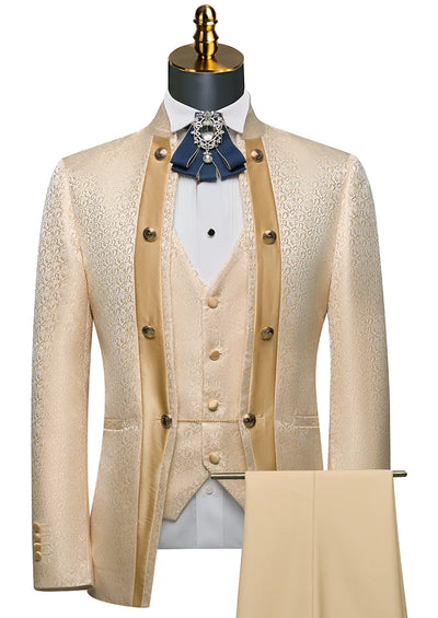 Men's 3-Piece Traditional Collar Champagne Paisley Fitted Party Suit