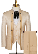 Beige suit with vest and pants on a mannequin against a white background