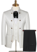 White suit jacket, vest, and pants on a mannequin with a white background