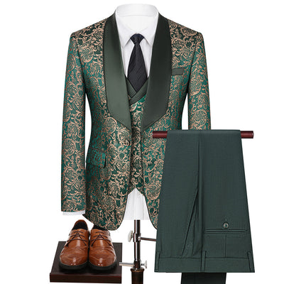 Men's 3-Piece Vintage Style Gold Damask Jacquard Green Suit