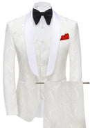 White tuxedo with black bow tie and red handkerchief on a white background