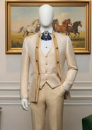 Mannequin wearing a beige suit with a white shirt and blue tie in front of a painting of running horses.