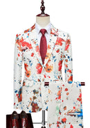 Colorful suit with abstract patterns on a mannequin against a white background