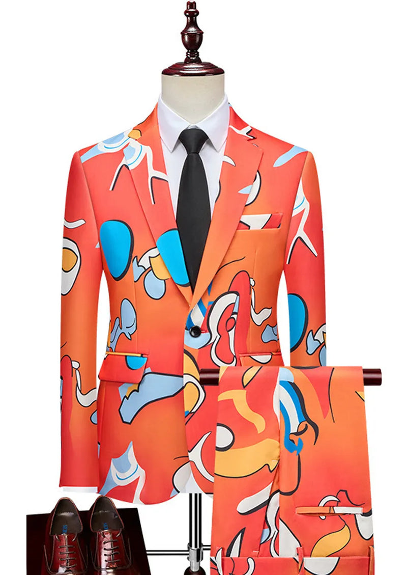 Colorful suit jacket with abstract patterns on a mannequin against a white background