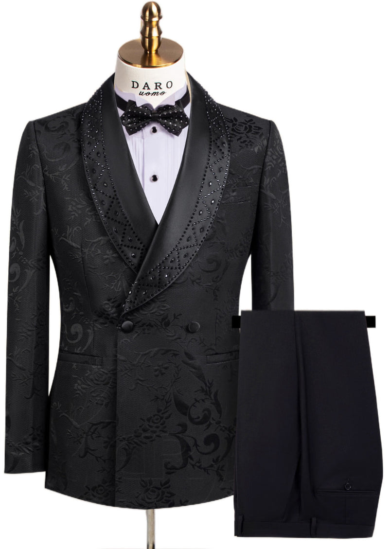 Black tuxedo with floral pattern on a mannequin against a white background