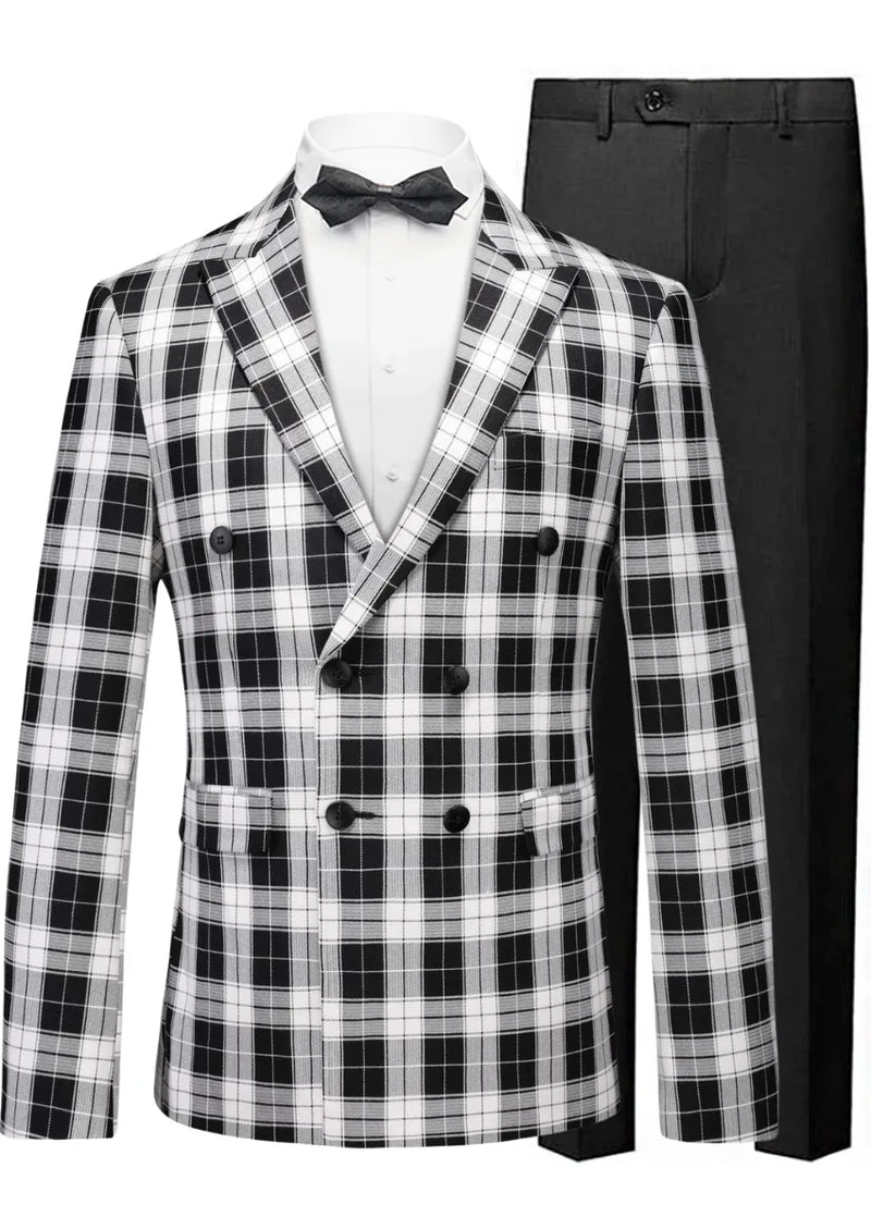 Black and white plaid suit jacket with black bow tie and pants on a white background