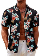 Men's Black Floral Print Short Sleeve Shirt with Turn-down Collar-1