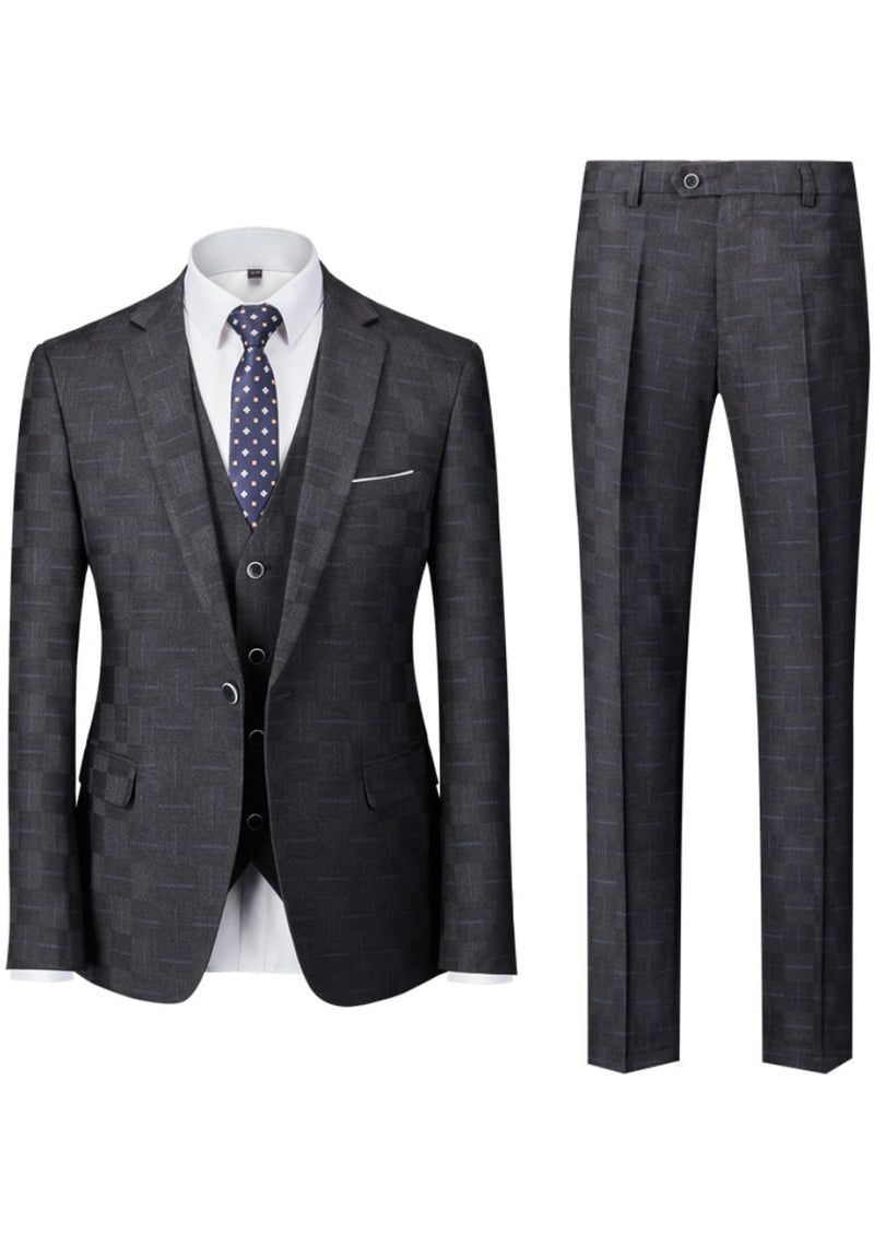 Gray suit with vest, tie, and pants on a white background