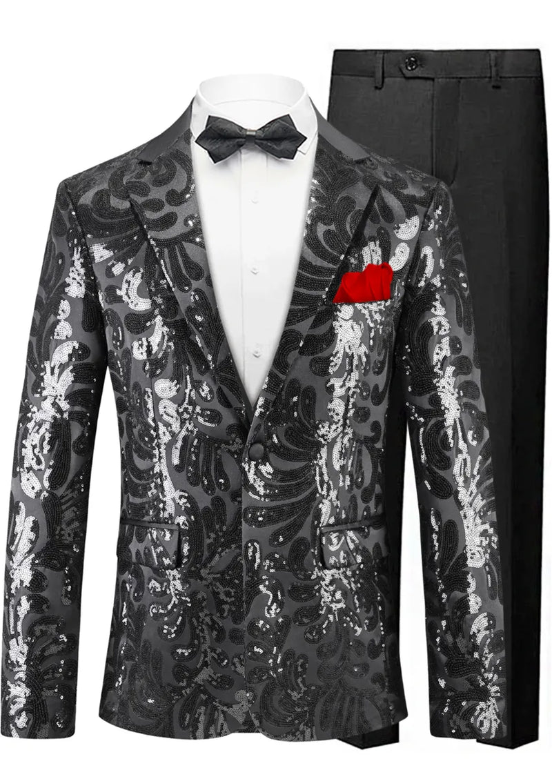 Black paisley suit jacket with a red pocket square and black bow tie on a white background