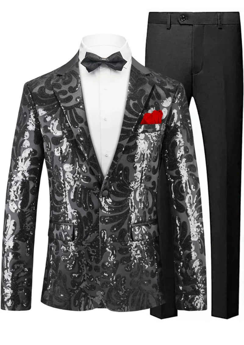 Black sequin blazer with floral pattern, black bow tie, and black pants on a white background