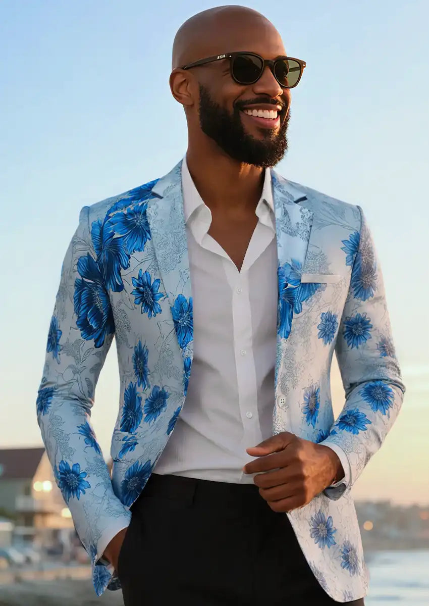 Men's Notched Lapel Blue Floral Jacquard Blazer with One Button Men's Notched Lapel Blue Floral Jacquard Blazer with One Button