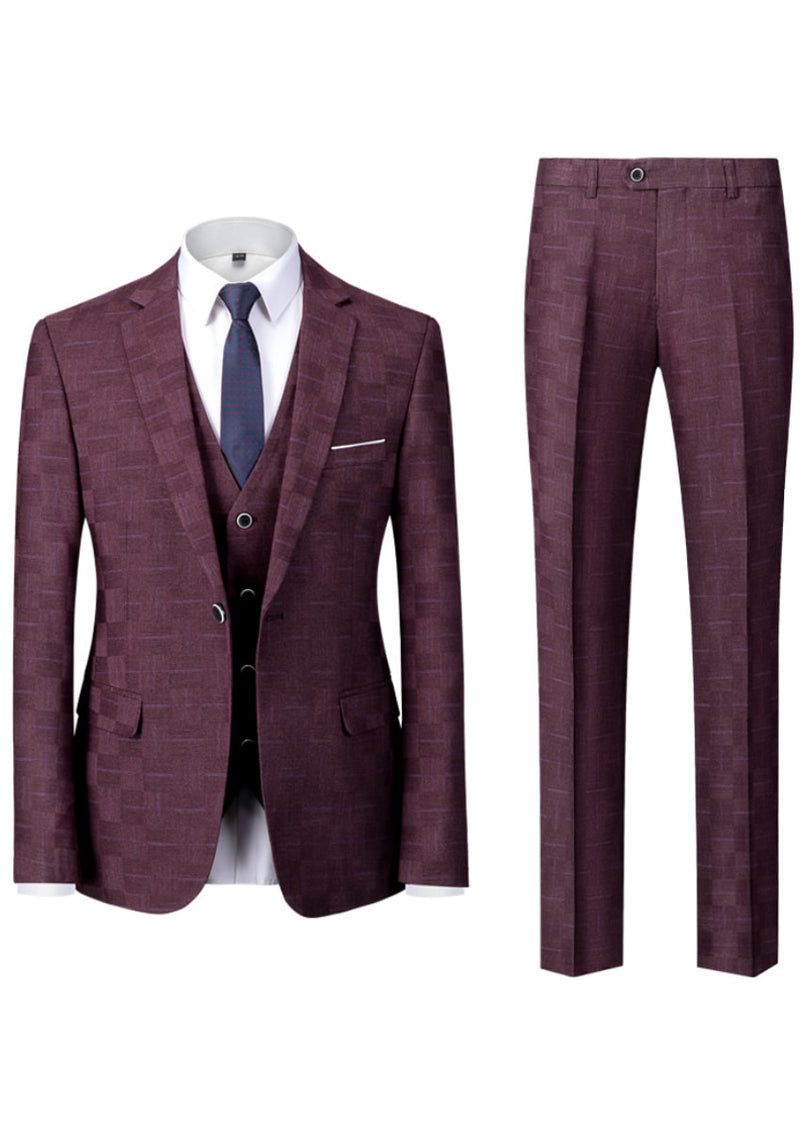 Maroon checkered suit with vest and tie on a white background