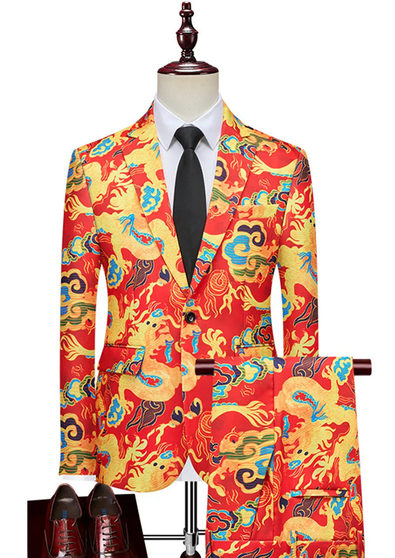 Colorful dragon-patterned suit on a mannequin with white shirt and black tie.