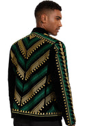 Veste de smoking brodée à motifs géométriques verts et dorés pour homme