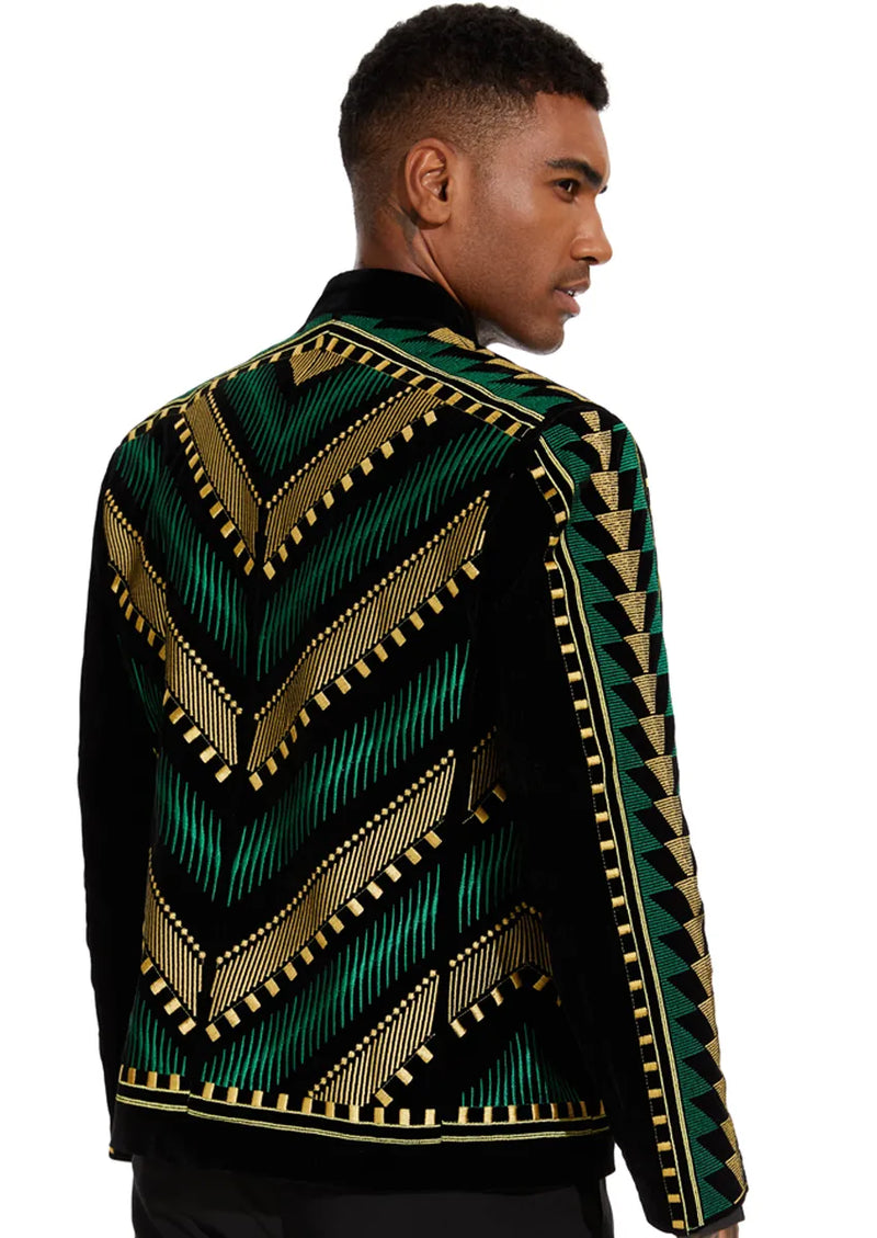 Chaqueta de esmoquin con estampado geométrico verde y dorado bordado para hombre