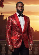 Chaqueta de esmoquin roja con lentejuelas y estampado floral con solapa chal para hombre
