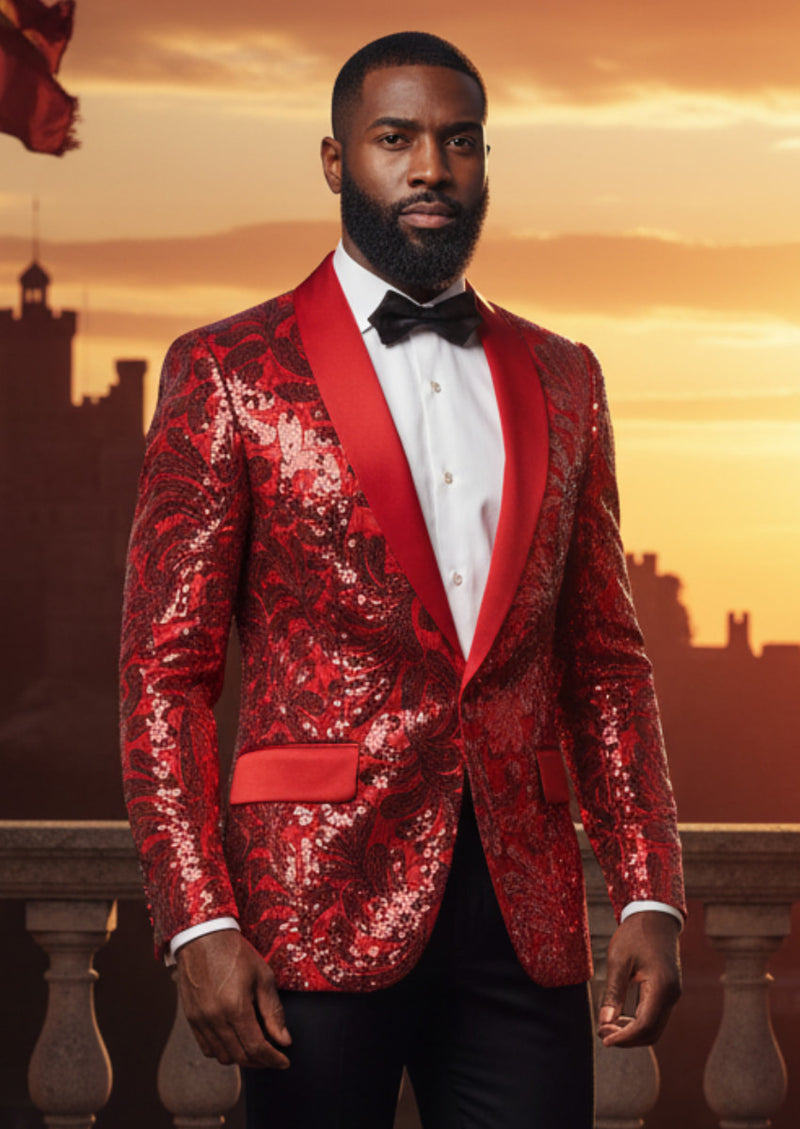 Chaqueta de esmoquin roja con lentejuelas y estampado floral con solapa chal para hombre