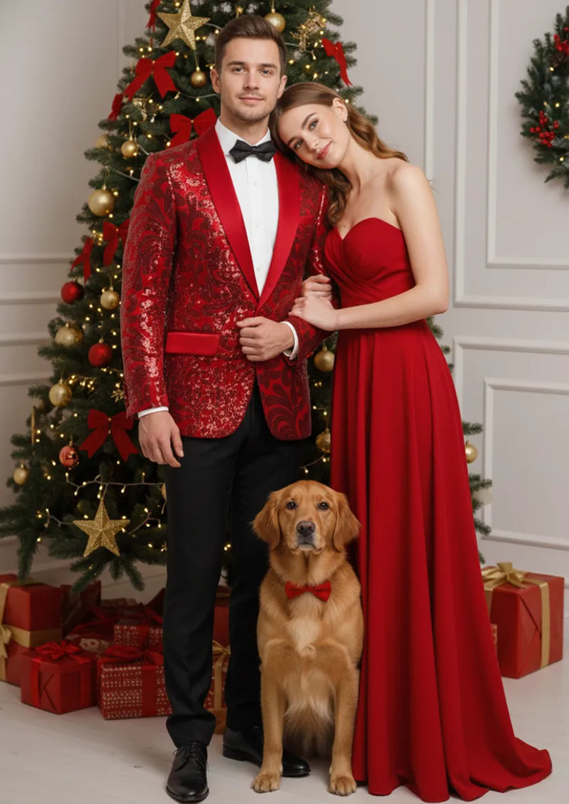 Chaqueta de esmoquin roja con lentejuelas y estampado floral con solapa chal para hombre