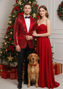 Chaqueta de esmoquin roja con lentejuelas y estampado floral con solapa chal para hombre