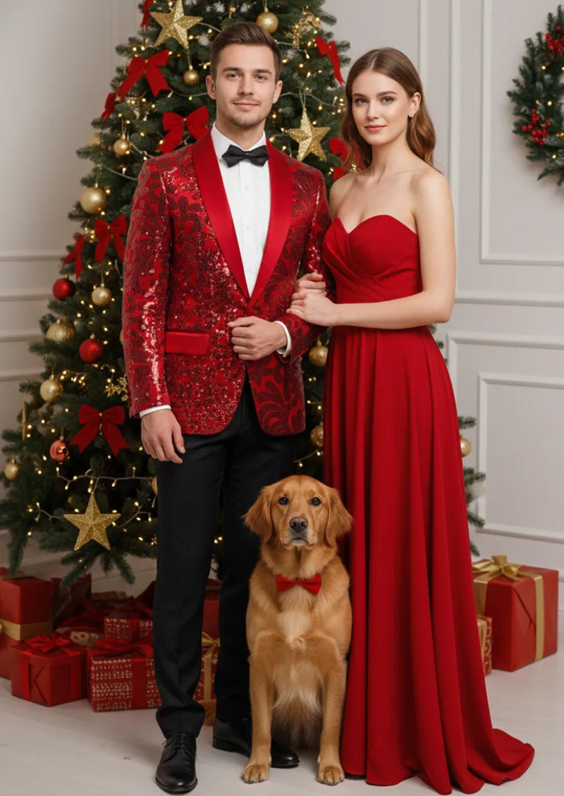 Chaqueta de esmoquin roja con lentejuelas y estampado floral con solapa chal para hombre