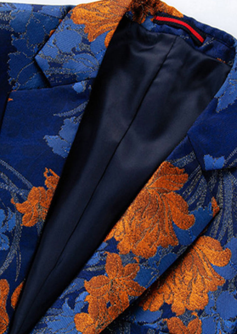 Men's Fashion Orange Floral Embroidery Royal Blue Tuxedo, Blue / 44R