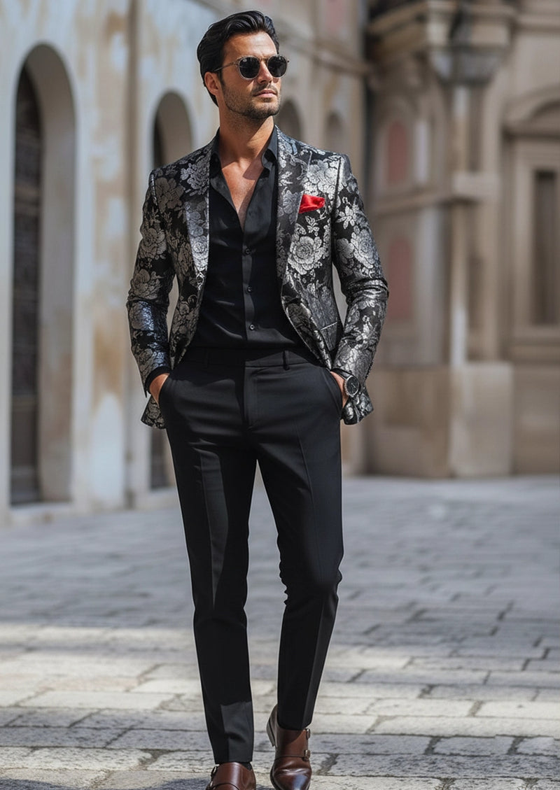 Blazer negro con jacquard de peonías plateadas para hombre