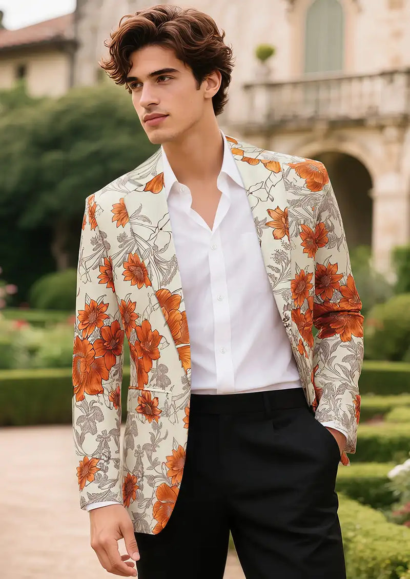Men's Stylish Orange Floral Jacquard Beige Jacket Men's Stylish Orange Floral Jacquard Beige Jacket