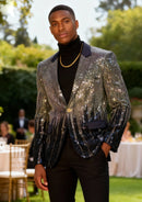 Chaqueta de esmoquin azul marino con borlas doradas y lentejuelas para hombre para escenario