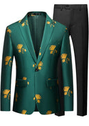 Green suit jacket with yellow floral patterns and black pants on a white background