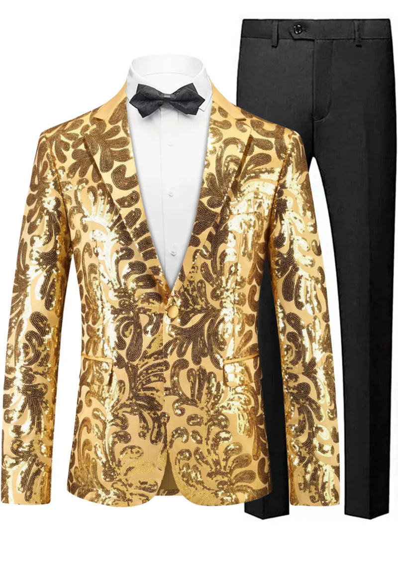 Gold sequin blazer with black bow tie and black pants on a white background