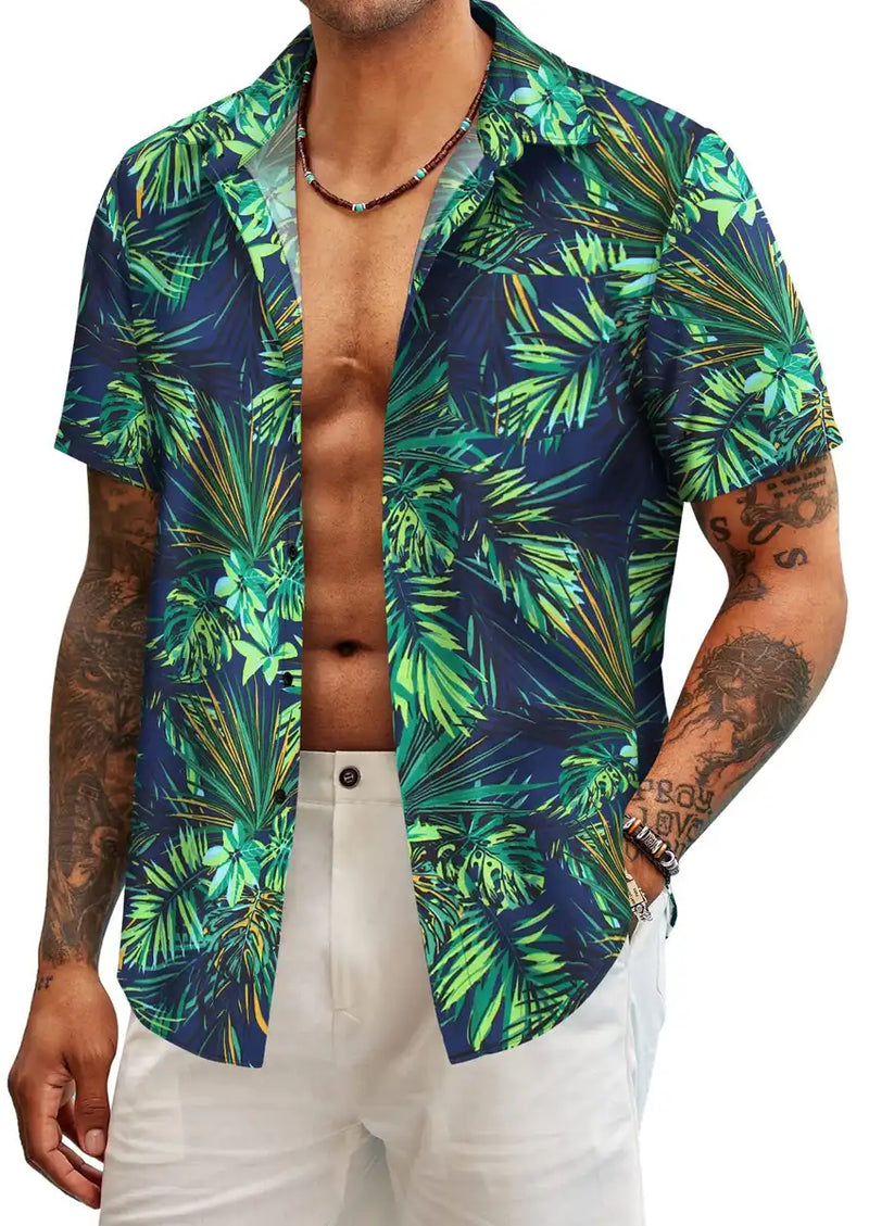 Men's Green Floral Print Short Sleeve Shirt with Turn-down Collar Men's Green Floral Print Short Sleeve Shirt with Turn-down Collar