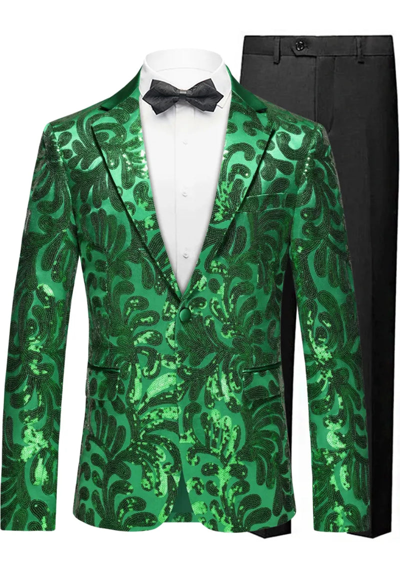 Green patterned tuxedo jacket with black bow tie and pants on a white background