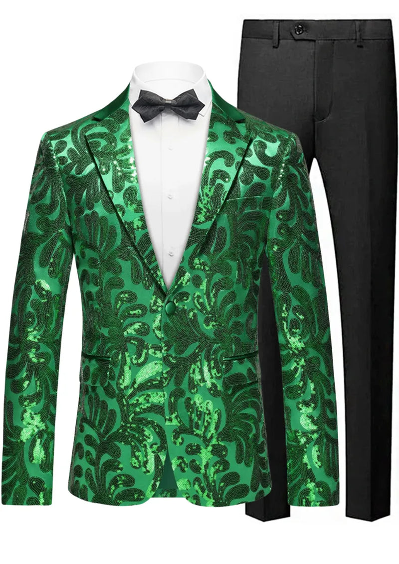 Green patterned blazer, black pants, and bow tie on a mannequin.